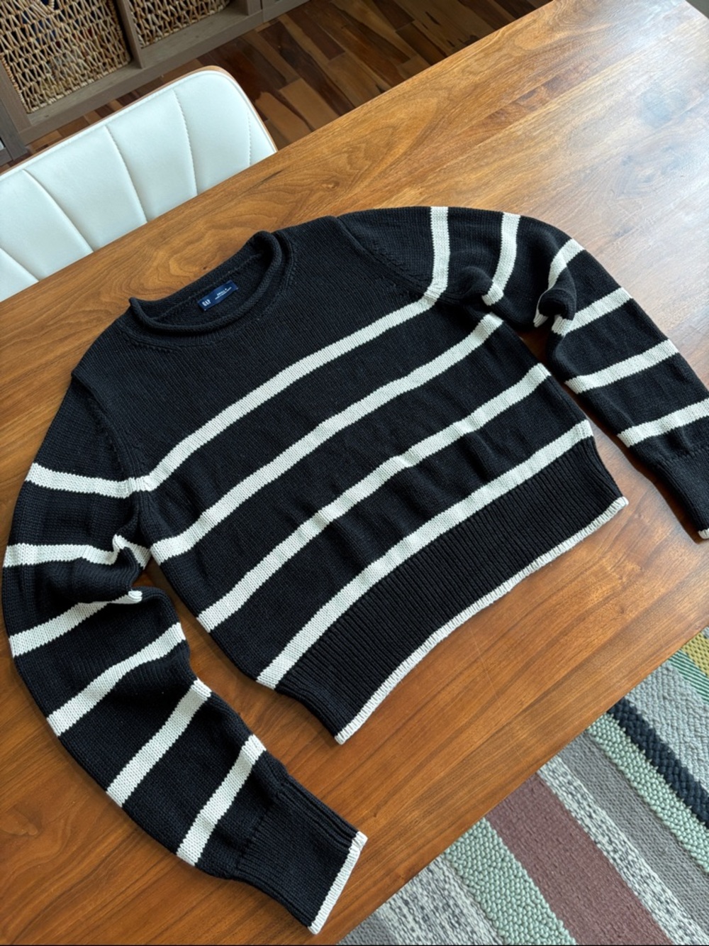 Gap Shrunken Roll Neck Sweater Cotton Black Off White Stripe Size Small - Picture 5 of 11